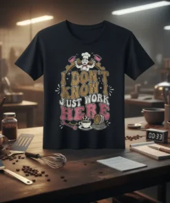 I Don't Know I Just Work Here funny chef quote t-shirt design with a chef graphic and retro font