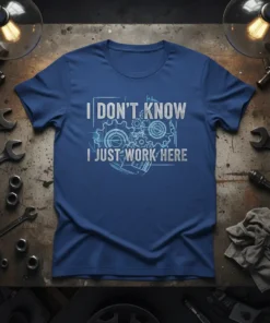 I DON'T KNOW I JUST WORK HERE quote with gear graphic on a blue t-shirt