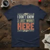 I Don't Know I Just Work Here quote on a navy blue t-shirt with distressed vintage typography and circuit board
