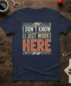 I Don't Know I Just Work Here quote on a navy blue t-shirt with distressed vintage typography and circuit board