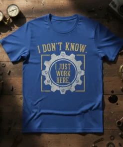 Blue t-shirt with "I DON'T KNOW. I JUST WORK HERE." text inside a gear graphic