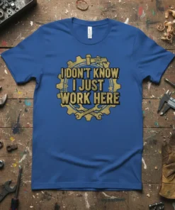 I DON'T KNOW I JUST WORK HERE funny mechanic quote t-shirt design with gear and tools graphic
