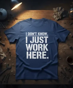 Navy blue t-shirt with white distressed text "I DON'T KNOW. I JUST WORK HERE." design, featuring a humorous workplace quote