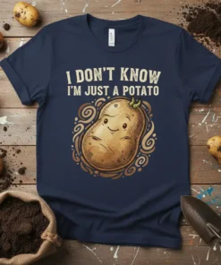 Funny "I Don't Know I'm Just A Potato" quote with a cute potato illustration on a navy t-shirt