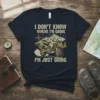 I DON'T KNOW WHERE I'M GOING I'M JUST GOING text on navy t-shirt with motorcycle and mountain graphic