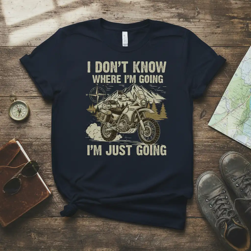 I DON'T KNOW WHERE I'M GOING I'M JUST GOING quote with adventure motorcycle and mountain graphic