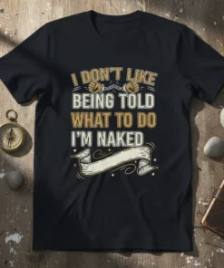 T-shirt with the quote "I DON'T LIKE BEING TOLD WHAT TO DO I'M NAKED" in bold typography, featuring handcuffs graphic