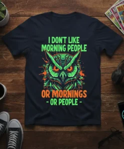 I Don't Like Morning People Or Mornings - Or People - quote with a detailed mechanical owl graphic on a