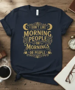 I DON'T LIKE MORNING PEOPLE OR MORNINGS OR PEOPLE quote t-shirt in gold distressed font with moon and coffee cup