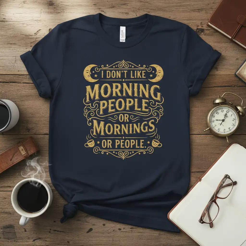 I DON'T LIKE MORNING PEOPLE OR MORNINGS OR PEOPLE quote in ornate gold lettering on a navy t-shirt