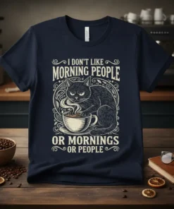 I DON'T LIKE MORNING PEOPLE OR MORNINGS OR PEOPLE text with a grumpy black cat holding a coffee cup on