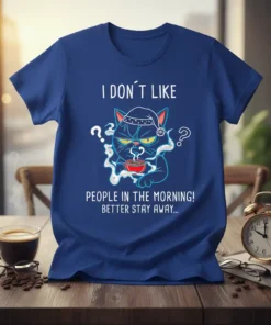 Blue t-shirt with "I DON'T LIKE PEOPLE IN THE MORNING! BETTER STAY AWAY..." text and a grumpy cat holding coffee