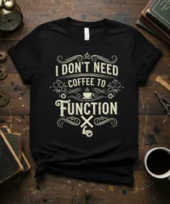 Black t-shirt with "I DON'T NEED COFFEE TO FUNCTION" text, coffee cup graphic, and chemical structures