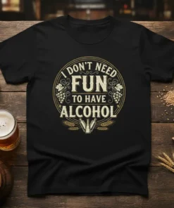 I Don't Need Fun To Have Alcohol quote in vintage style on a black t-shirt, featuring grapes and wheat graphics