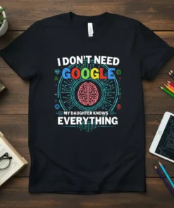 I Don't Need Google My Daughter Knows Everything quote on a black t-shirt with a brain graphic and circuit design