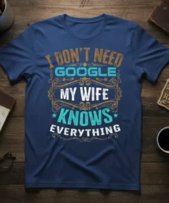 I DON'T NEED GOOGLE MY WIFE KNOWS EVERYTHING quote in distressed orange and teal font on a navy t-shirt