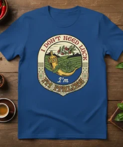 I DON'T NEED LUCK I'M ITALIAN text on a t-shirt with Italian-themed graphics, including a chili pepper, olive branch, and