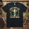 Christian t-shirt with "I Don't Need Luck I've Got Jesus" text, a cross, and shamrock graphics