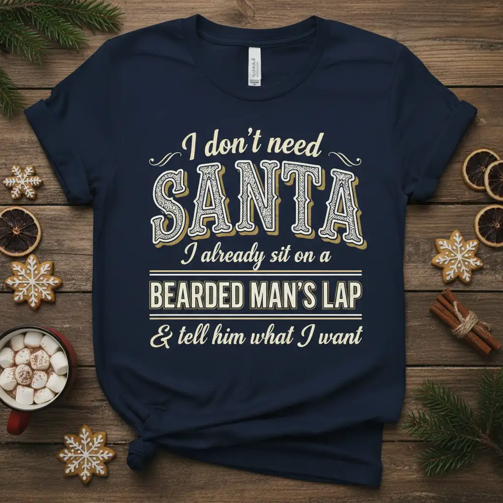 I don't need SANTA I already sit on a BEARDED MAN'S LAP & tell him what I want quote on navy t-shirt