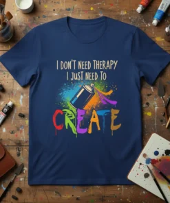 T-shirt with "I DON'T NEED THERAPY I JUST NEED TO CREATE" text and a spray paint can graphic, art supplies