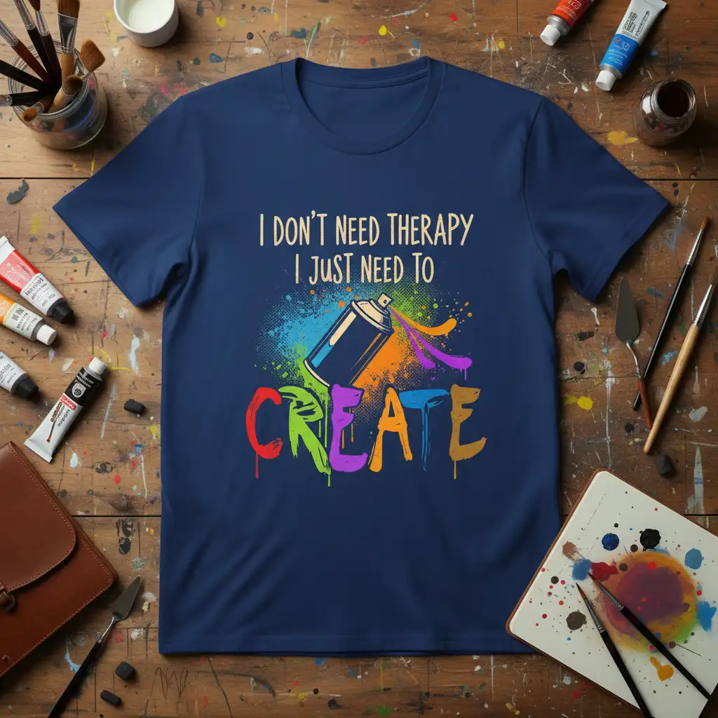 I Don't Need Therapy I Just Need To Create quote with spray can and paint splatters graphic on a t-shirt