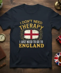 I Don't Need Therapy I Just Need To Go To England text with English flag graphic on a navy t-shirt