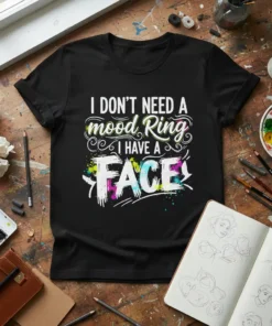 Black t-shirt with white text "I DON'T NEED A mood Ring I HAVE A FACE" and colorful paint splatters