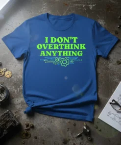 I DON'T OVERTHINK ANYTHING quote on a blue t-shirt with green circuitry design and a gear graphic