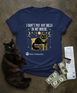Navy blue t-shirt with gold text "I DON'T PAY ANY BILLS IN MY HOUSE" above a black pharaoh cat on