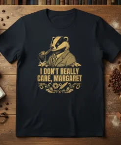 I Don't Really Care, Margaret quote on a t-shirt with a badger wearing a suit and smoking a pipe