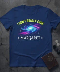 I Don't Really Care Margaret funny name quote t-shirt with a swirling galaxy graphic
