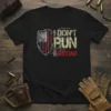 I Don't Run Reload American flag shield t-shirt design with bullet graphic