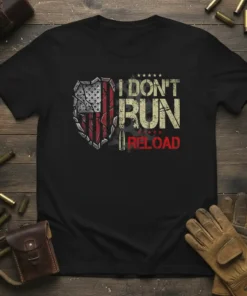I Don't Run Reload American flag shield t-shirt design with bullet graphic