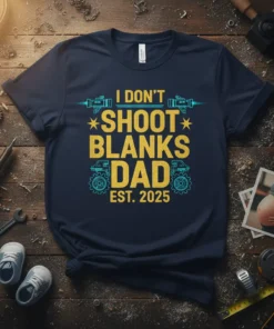 I DON'T SHOOT BLANKS DAD EST. 2025 text with gun and gear graphics on a navy t-shirt