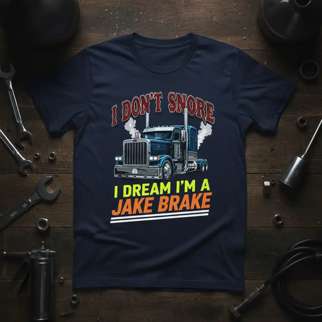Bold I DON'T SNORE I DREAM I'M A JAKE BRAKE text with semi-truck graphic on a navy t-shirt