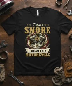 T-shirt with "I don't SNORE I DREAM I'M A MOTORCYCLE" text and motorcycle engine graphic