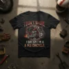 I DON'T SNORE I DREAM I'M A MOTORCYCLE text with a winged motorcycle graphic on a black t-shirt