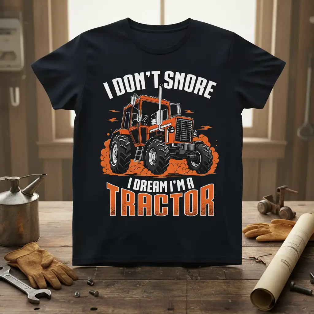 I Don't Snore I Dream I'm A Tractor quote t-shirt with orange tractor graphic