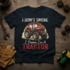 I Don't Snore I Dream I'm A Tractor quote t-shirt with a vintage red tractor graphic and sunset background