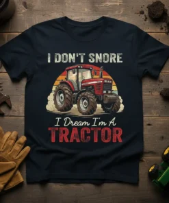 I Don't Snore I Dream I'm A Tractor quote t-shirt with a vintage red tractor graphic and sunset background