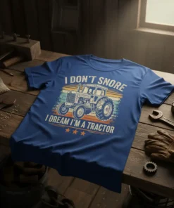 Blue t-shirt with vintage tractor graphic and text "I Don't Snore I Dream I'm A Tractor" for farm lovers