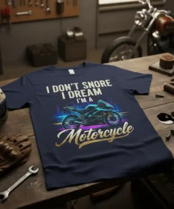 I Don't Snore I Dream I'm A Motorcycle text with a vibrant sportbike graphic on a navy blue t-shirt