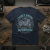 I DON'T SNORE I dream i m MOTORCYCLE text with vintage motorcycle blueprint graphic on a navy blue t-shirt