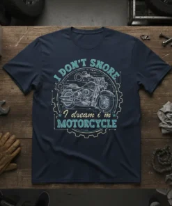 I DON'T SNORE I dream i m MOTORCYCLE text with vintage motorcycle blueprint graphic on a navy blue t-shirt