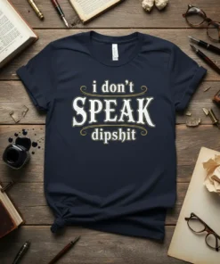 Dark navy t-shirt with white and gold text that reads "i don't SPEAK dipshit" in a vintage font
