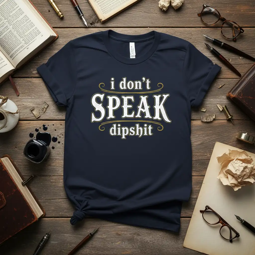 I don't SPEAK dipshit quote on a navy t-shirt with distressed vintage typography