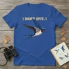 Barn swallow bird in flight with text "I DON'T SPIT. I" on a blue t-shirt, part of a bird illustration