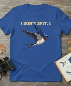 Barn swallow bird in flight with text "I DON'T SPIT. I" on a blue t-shirt, part of a bird illustration