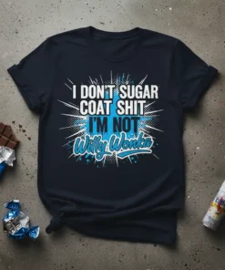 I Don't Sugar Coat Shit I'm Not Willy Wonka quote t-shirt design in white and blue typography with starburst background