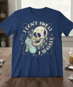 I Don't Sweat I Sparkle quote with a skeleton holding a dumbbell, surrounded by stars and geometric patterns, on a